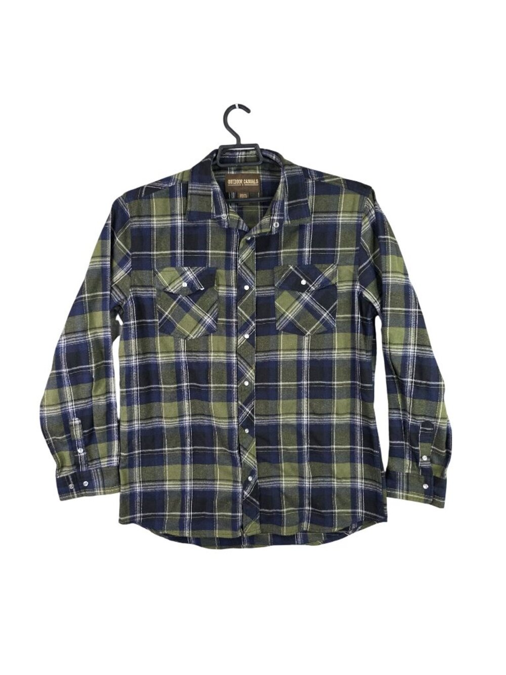 Mens Outdoor Casuals Green & Blue Plaid Button-Up Flannel Shirt Size L